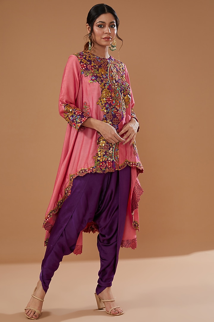Candy Pink Chanderi Embroidered Jacket Set by Debyani at Pernia's Pop Up Shop