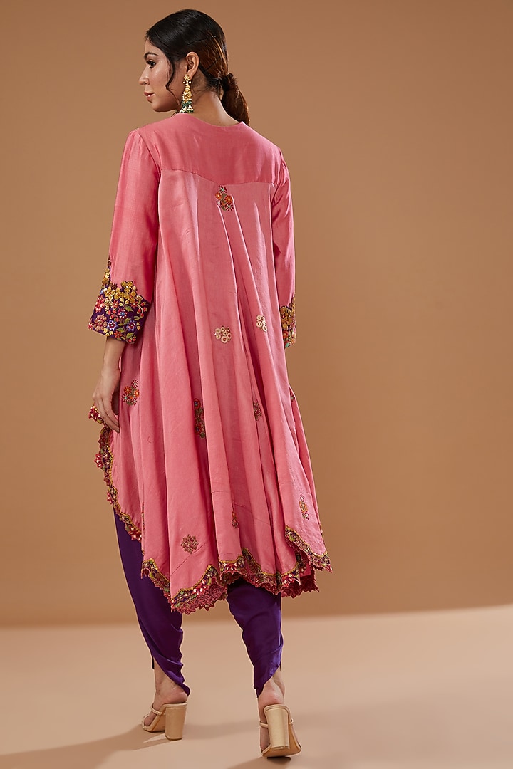 Candy Pink Chanderi Embroidered Jacket Set by Debyani at Pernia's Pop Up Shop