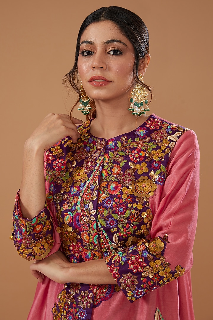 Candy Pink Chanderi Embroidered Jacket Set by Debyani at Pernia's Pop Up Shop