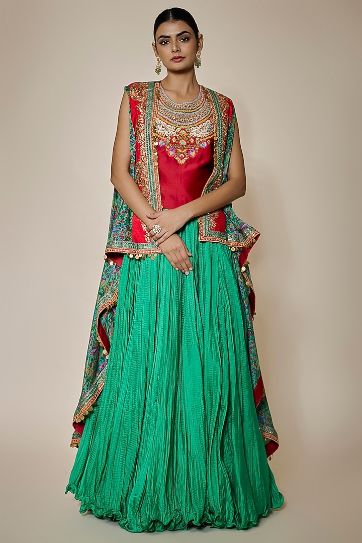 Emerald Green Chanderi Silk Crushed Skirt Set by Debyani at Pernia's Pop Up Shop