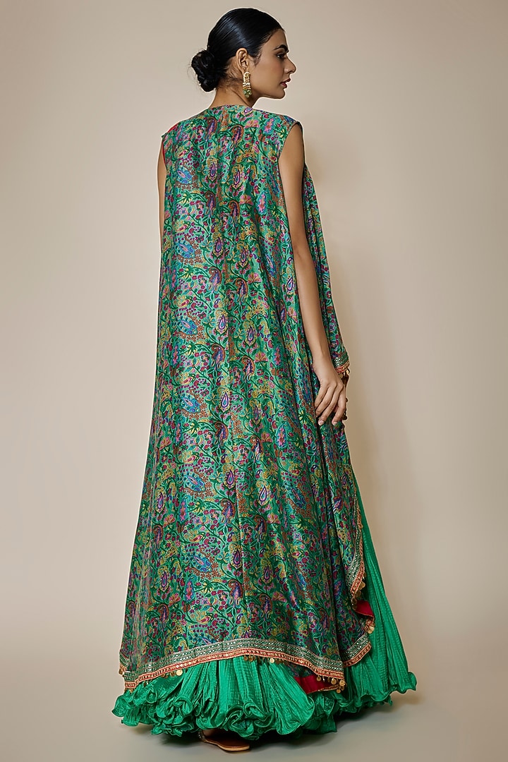 Emerald Green Chanderi Silk Crushed Skirt Set by Debyani at Pernia's Pop Up Shop