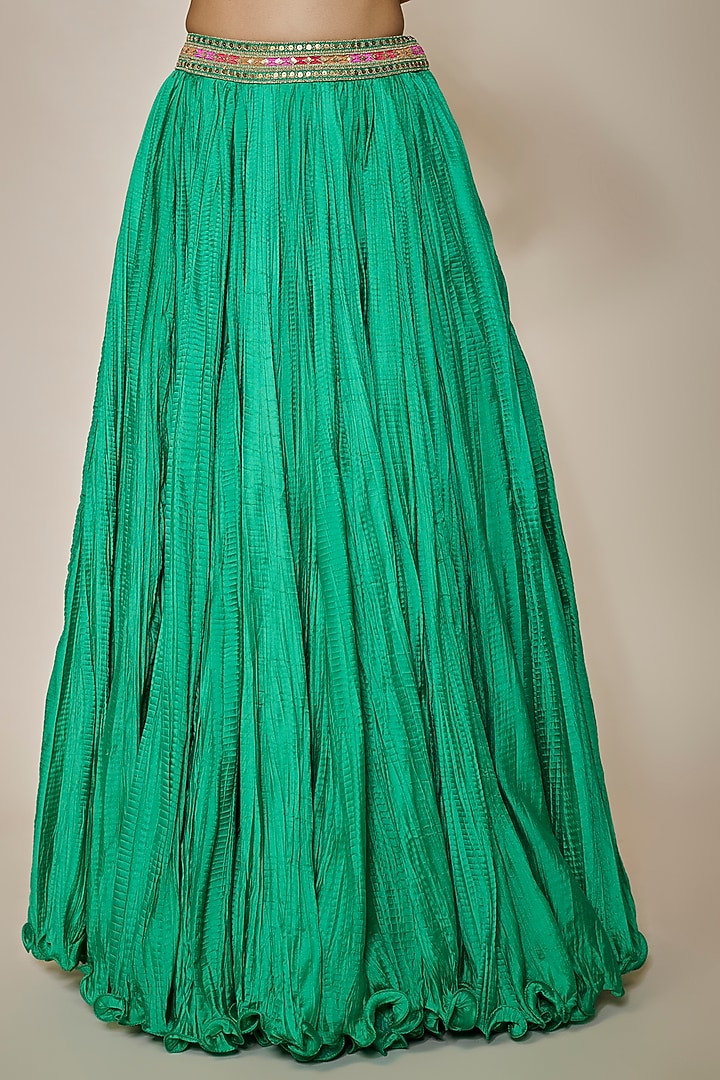 Emerald Green Chanderi Silk Crushed Skirt Set by Debyani at Pernia's Pop Up Shop