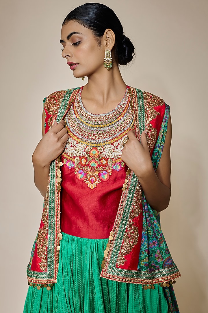 Emerald Green Chanderi Silk Crushed Skirt Set by Debyani at Pernia's Pop Up Shop