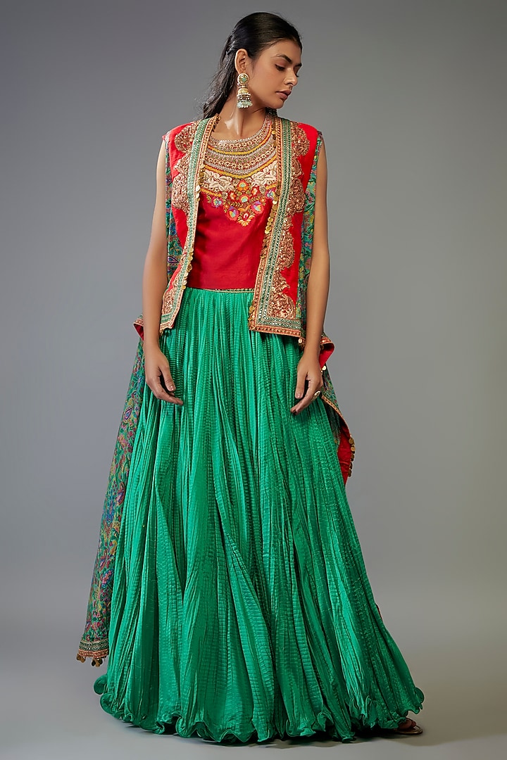 Green Chanderi Silk Crushed Skirt Set by Debyani
