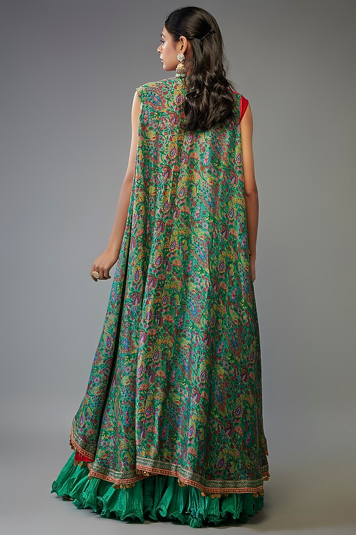 Green Chanderi Silk Crushed Skirt Set by Debyani at Pernia's Pop Up Shop