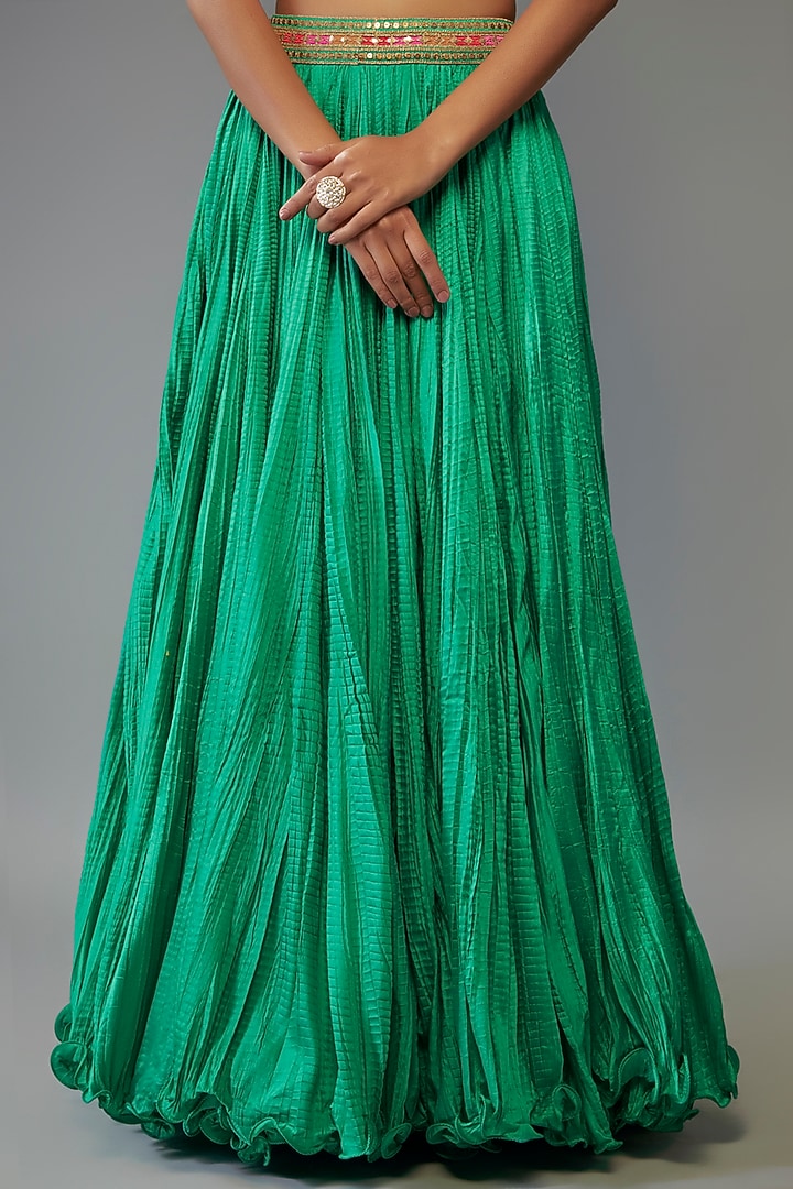 Green Chanderi Silk Crushed Skirt Set by Debyani at Pernia's Pop Up Shop