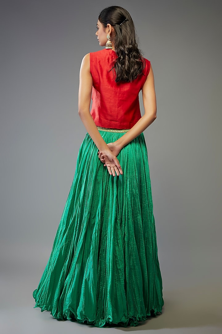Green Chanderi Silk Crushed Skirt Set by Debyani at Pernia's Pop Up Shop