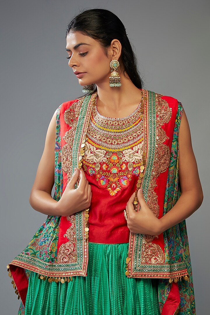 Green Chanderi Silk Crushed Skirt Set by Debyani at Pernia's Pop Up Shop