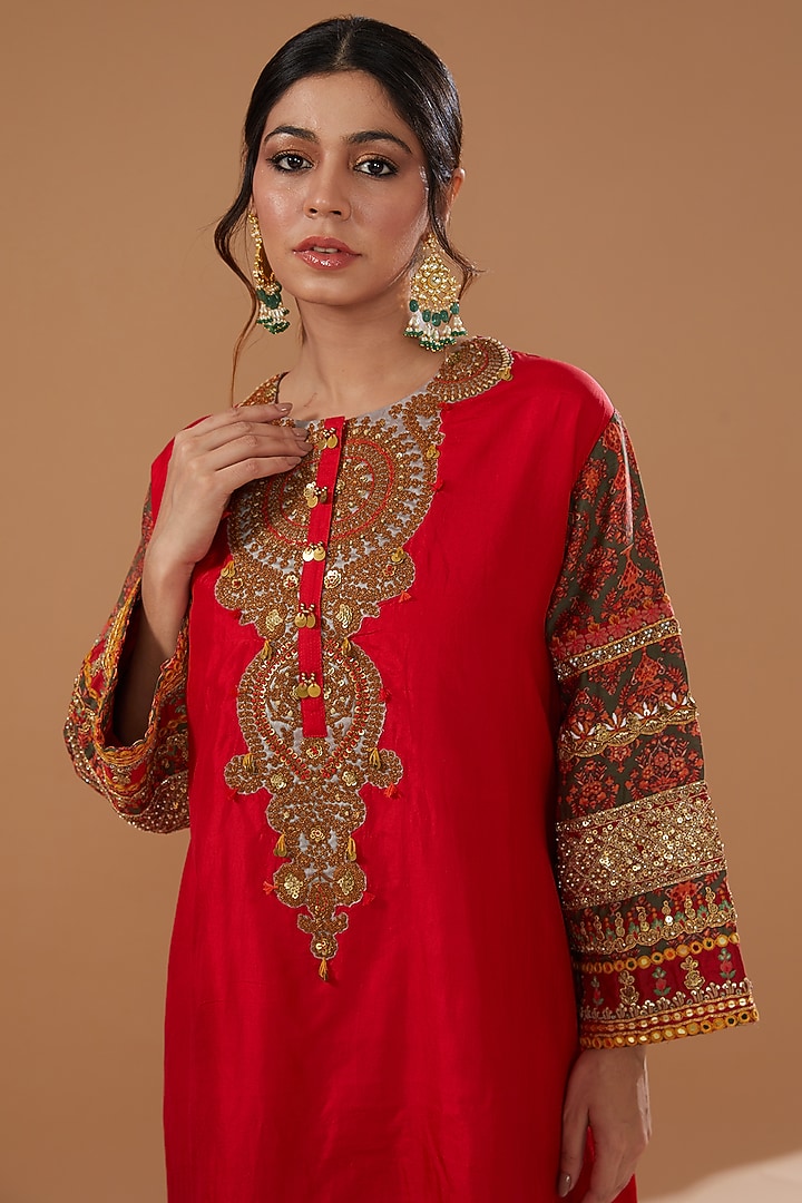 Red Silk Kurta Set by Debyani at Pernia's Pop Up Shop