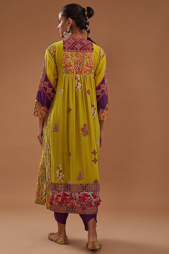 Yellow Chanderi Embroidered Gathered Kurta Set by Debyani at Pernia's Pop Up Shop