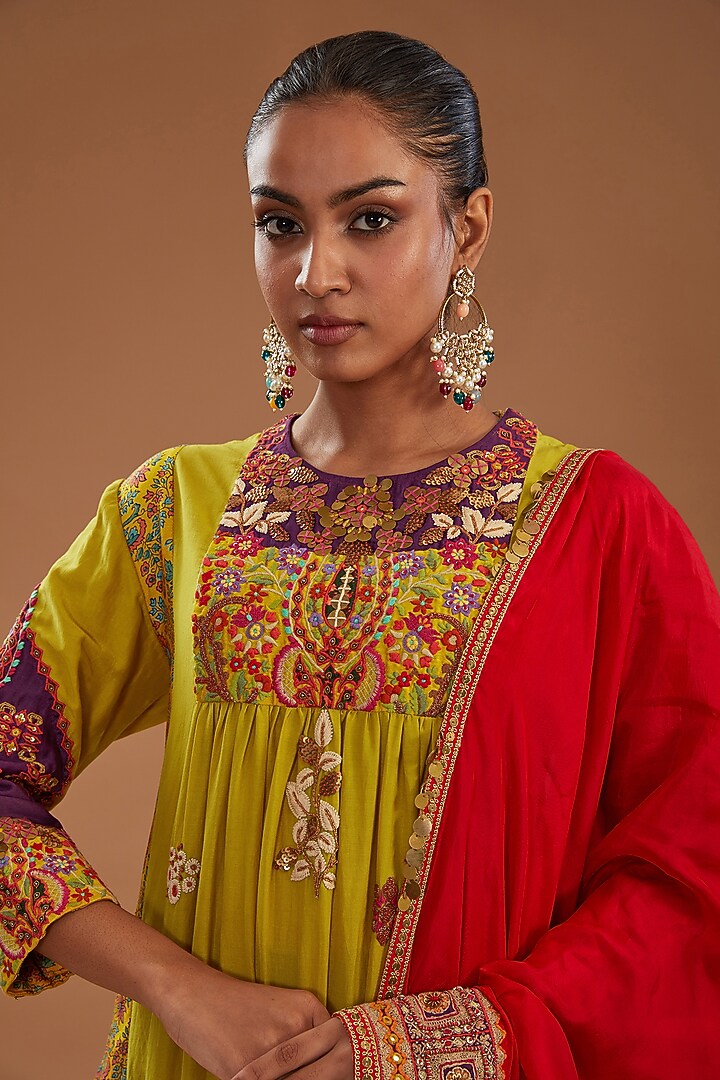 Yellow Chanderi Embroidered Gathered Kurta Set by Debyani at Pernia's Pop Up Shop