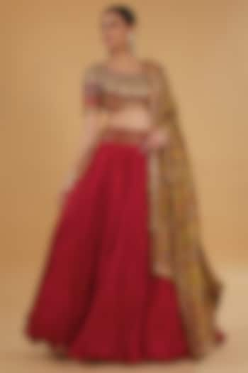 Red Chanderi Silk Crushed Wedding Lehenga Set by Debyani at Pernia's Pop Up Shop