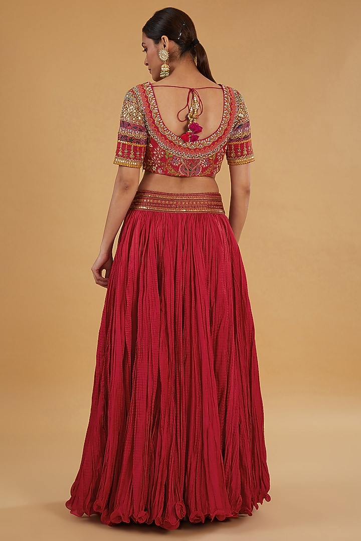 Red Chanderi Silk Crushed Bridal Lehenga Set by Debyani at Pernia's Pop Up Shop