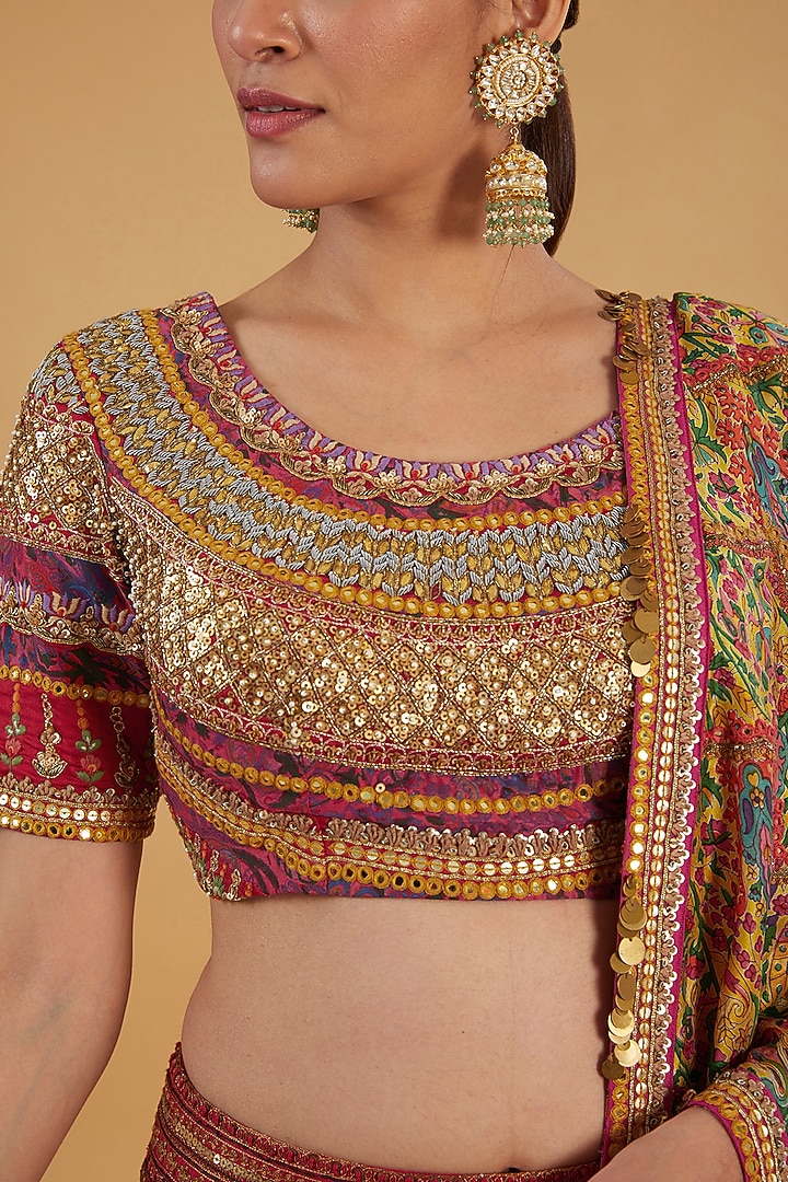 Red Chanderi Silk Crushed Bridal Lehenga Set by Debyani at Pernia's Pop Up Shop