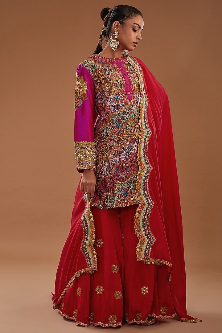 Red Chanderi Bridal Sharara Set by Debyani at Pernia's Pop Up Shop