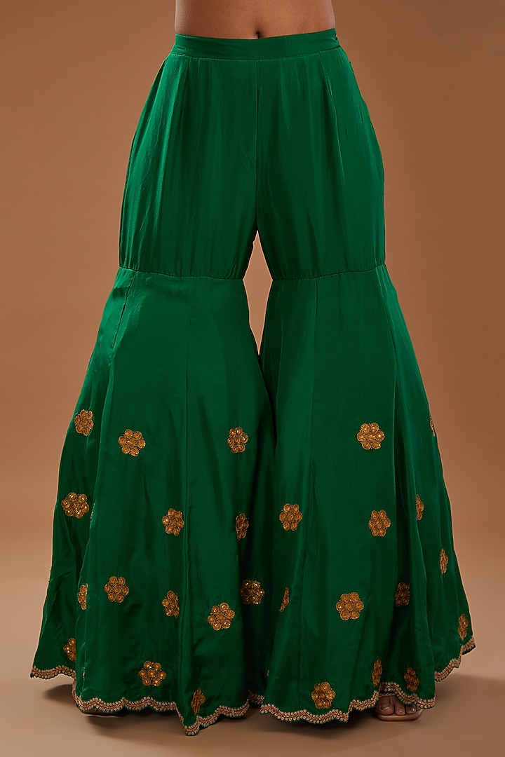 Green Chanderi Bridal Sharara Set by Debyani at Pernia's Pop Up Shop