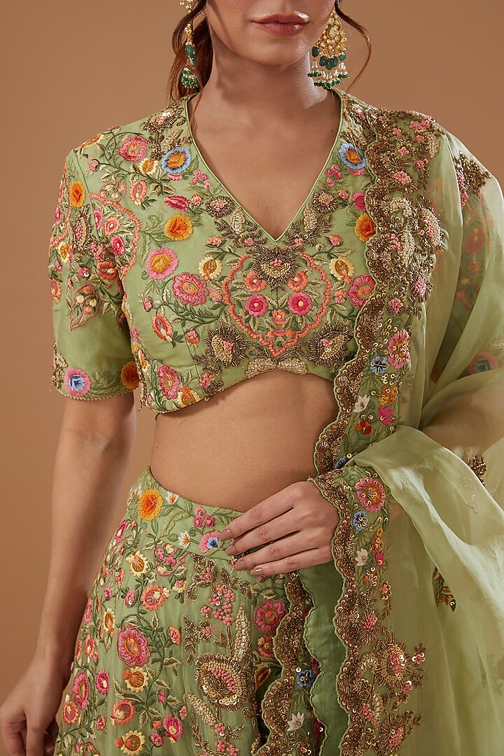 Pista Green Organza Bridal Lehenga Set by Debyani at Pernia's Pop Up Shop