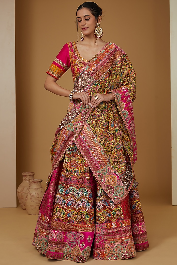 Pink Chanderi Silk Patchwork Bridal Lehenga Set by Debyani at Pernia's Pop Up Shop