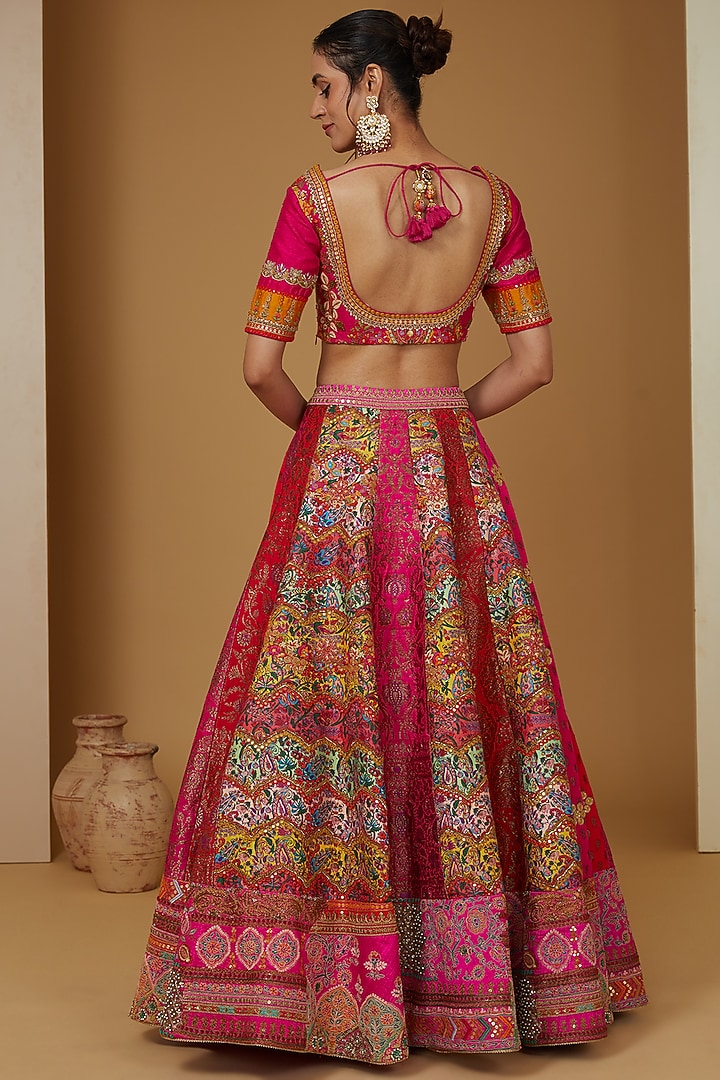 Pink Chanderi Silk Patchwork Bridal Lehenga Set by Debyani at Pernia's Pop Up Shop