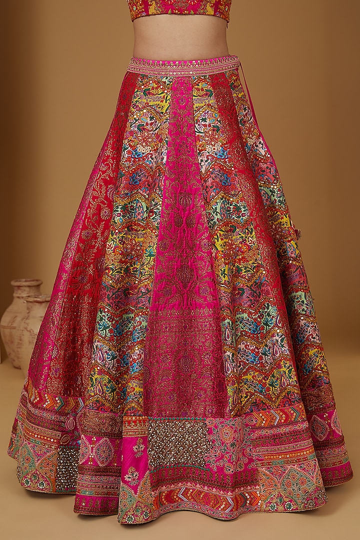 Pink Chanderi Silk Patchwork Bridal Lehenga Set by Debyani at Pernia's Pop Up Shop