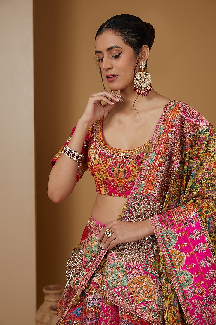 Pink Chanderi Silk Patchwork Bridal Lehenga Set by Debyani at Pernia's Pop Up Shop