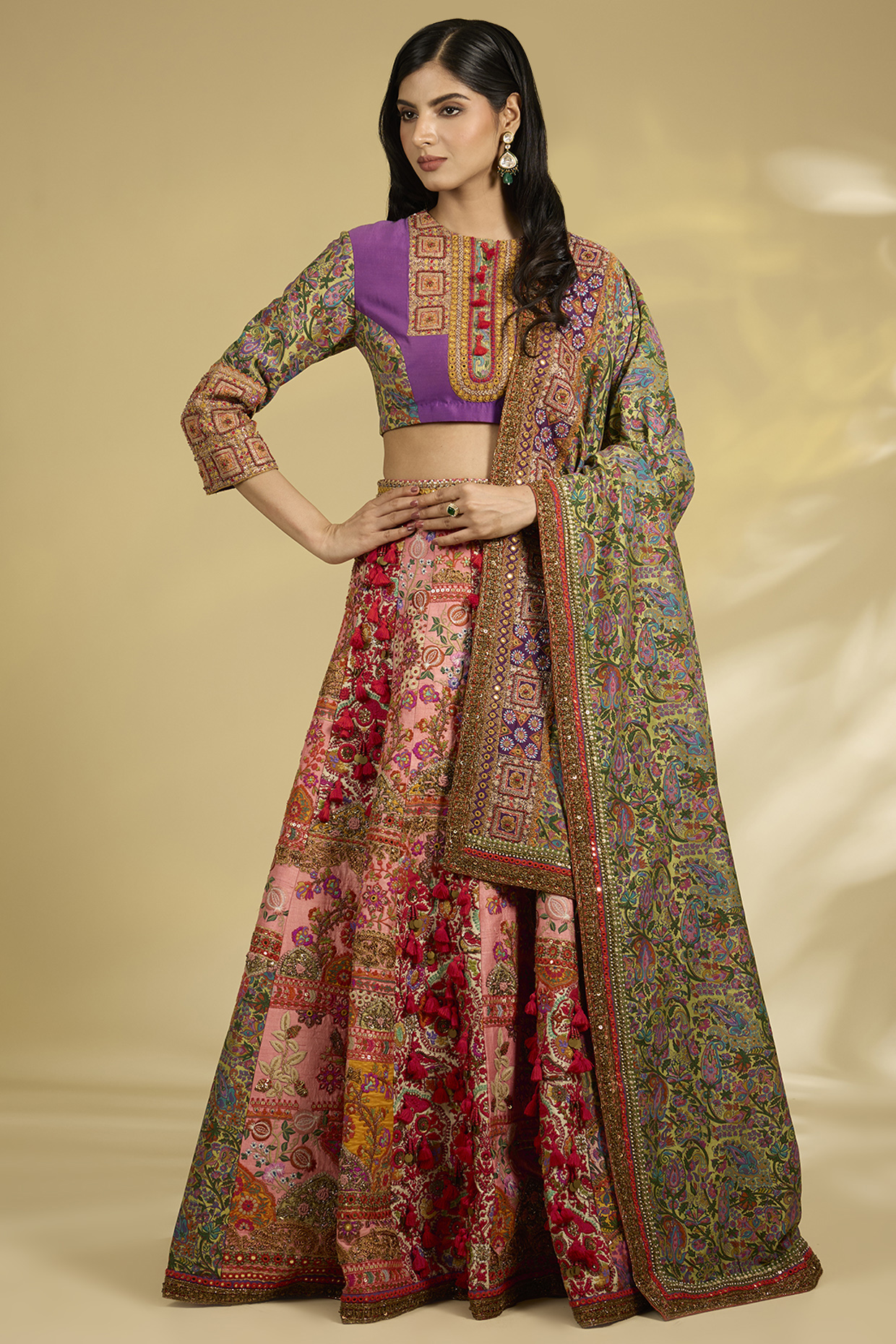 Purple & Red Silk Hand Embroidered Bridal Lehenga Set by Debyani at Pernia's Pop Up Shop