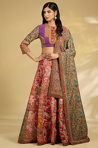 Purple & Red Silk Hand Embroidered Lehenga Set by Debyani