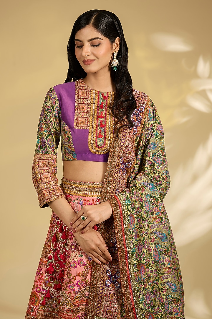 Purple & Red Silk Hand Embroidered Bridal Lehenga Set by Debyani at Pernia's Pop Up Shop