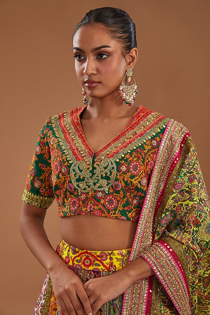 Multi-Colored Chanderi Paisley Embroidered Bridal Lehenga Set by Debyani at Pernia's Pop Up Shop