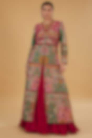 Red Raw Silk Patchwork Jacket Set by Debyani at Pernia's Pop Up Shop