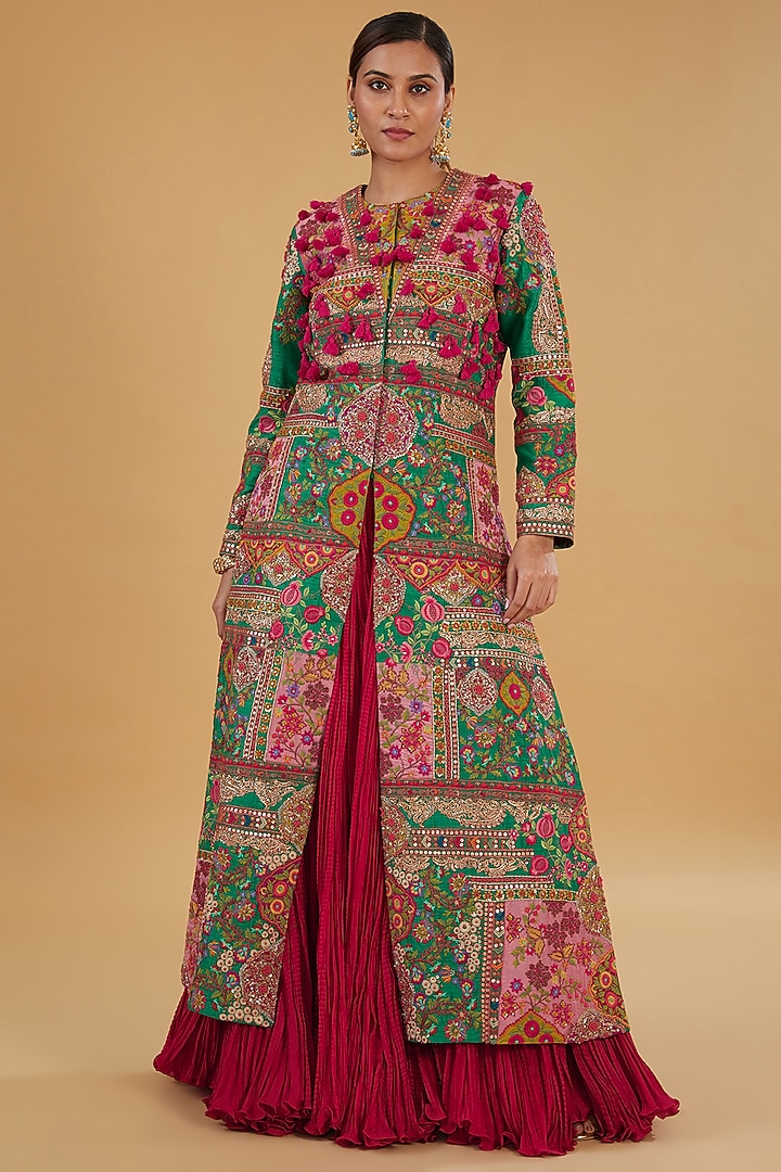 Red Raw Silk Patchwork Jacket Set by Debyani at Pernia's Pop Up Shop