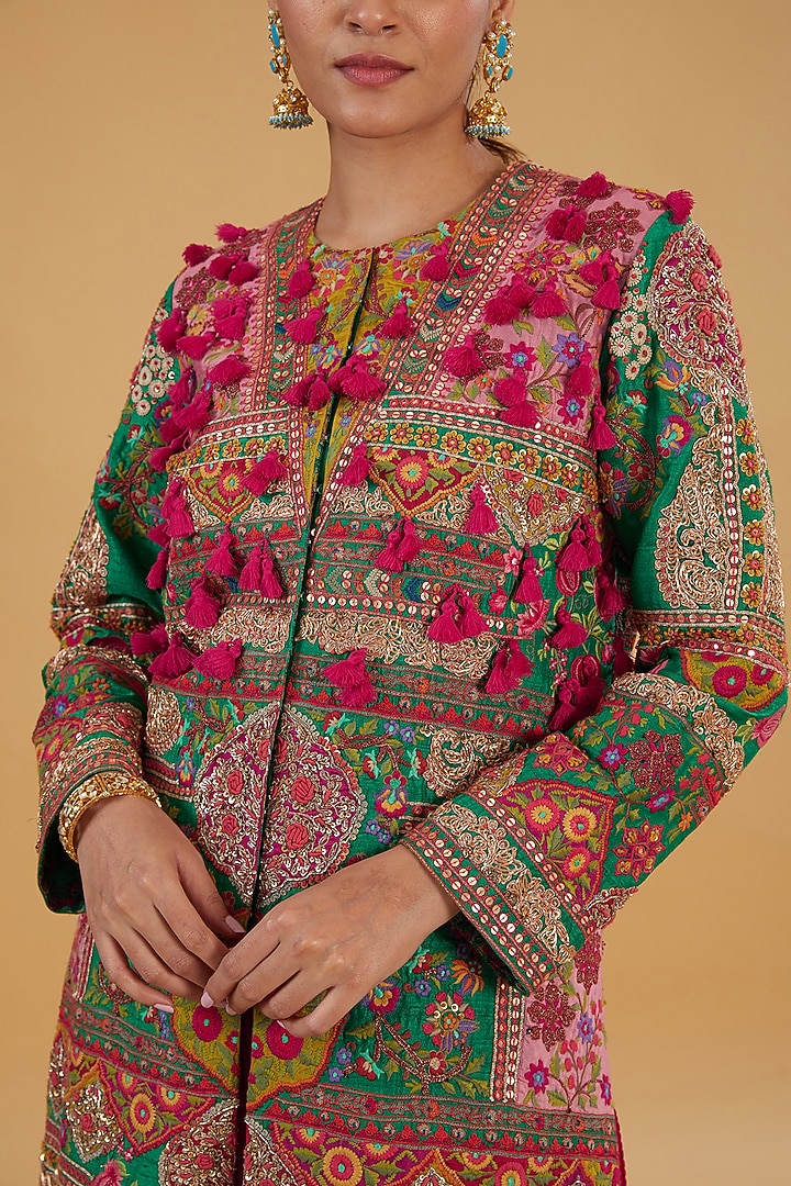 Red Raw Silk Patchwork Jacket Set by Debyani at Pernia's Pop Up Shop