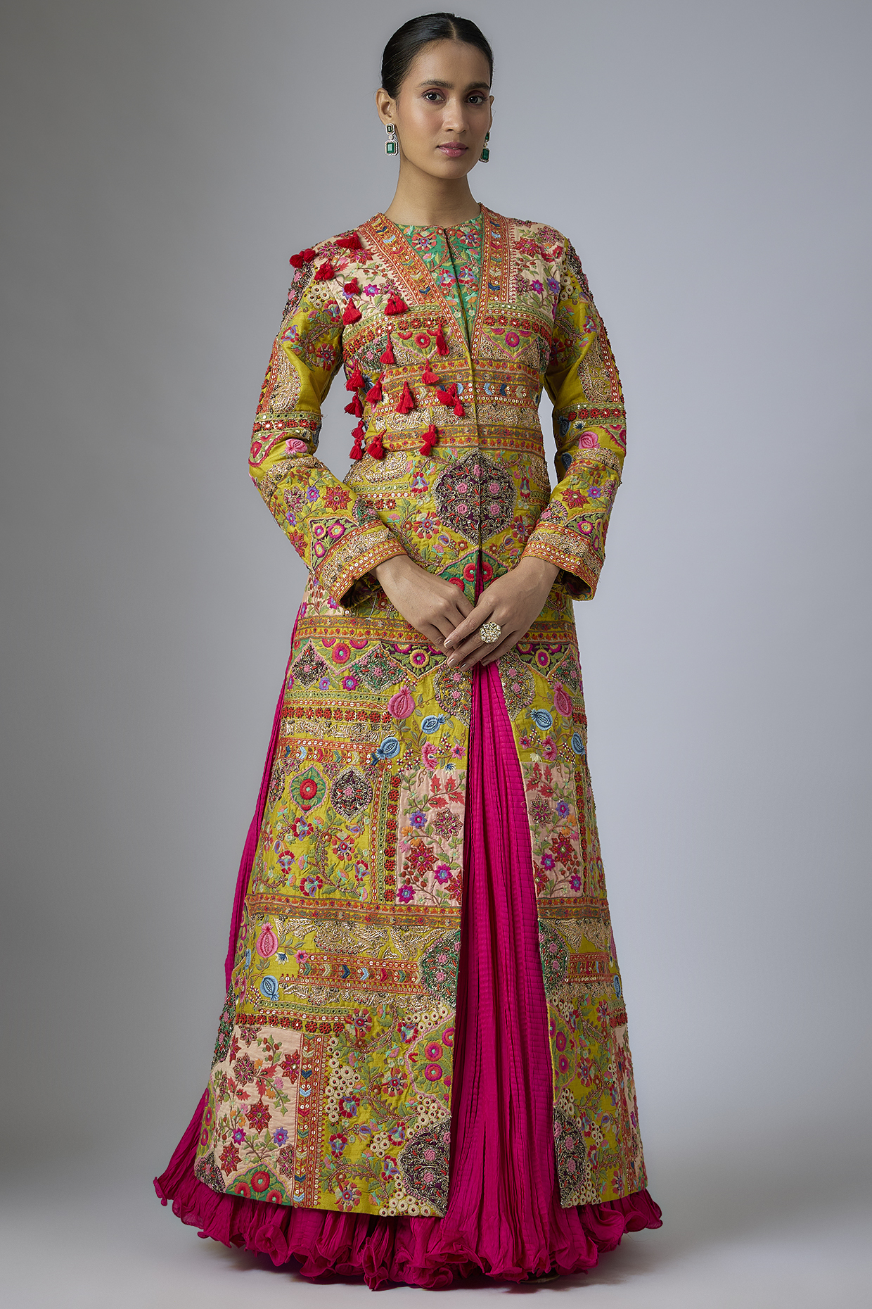 Magenta & Mustard Raw Silk Abstract Printed Patchwork Long Jacket Set by Debyani at Pernia's Pop Up Shop