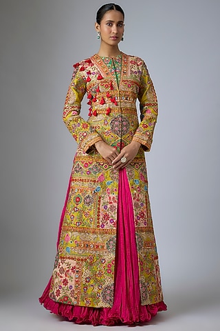 Magenta & Mustard Raw Silk Abstract Printed Patchwork Long Jacket Set by Debyani
