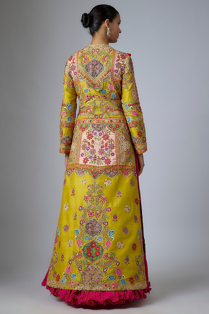 Magenta & Mustard Raw Silk Abstract Printed Patchwork Long Jacket Set by Debyani at Pernia's Pop Up Shop