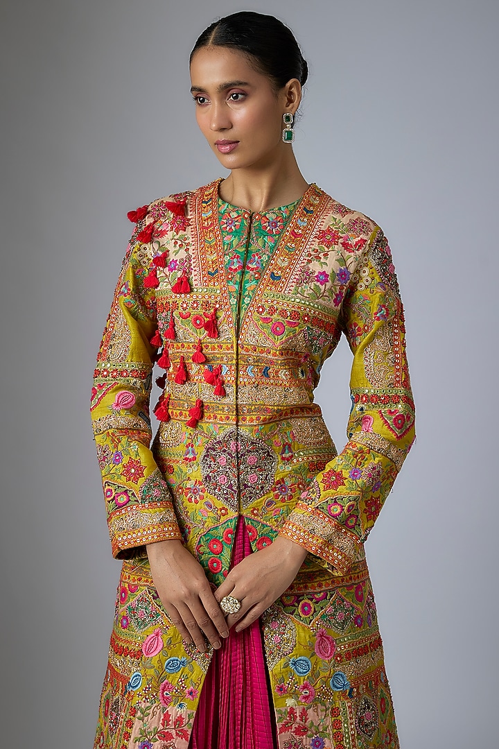 Magenta & Mustard Raw Silk Abstract Printed Patchwork Long Jacket Set by Debyani at Pernia's Pop Up Shop