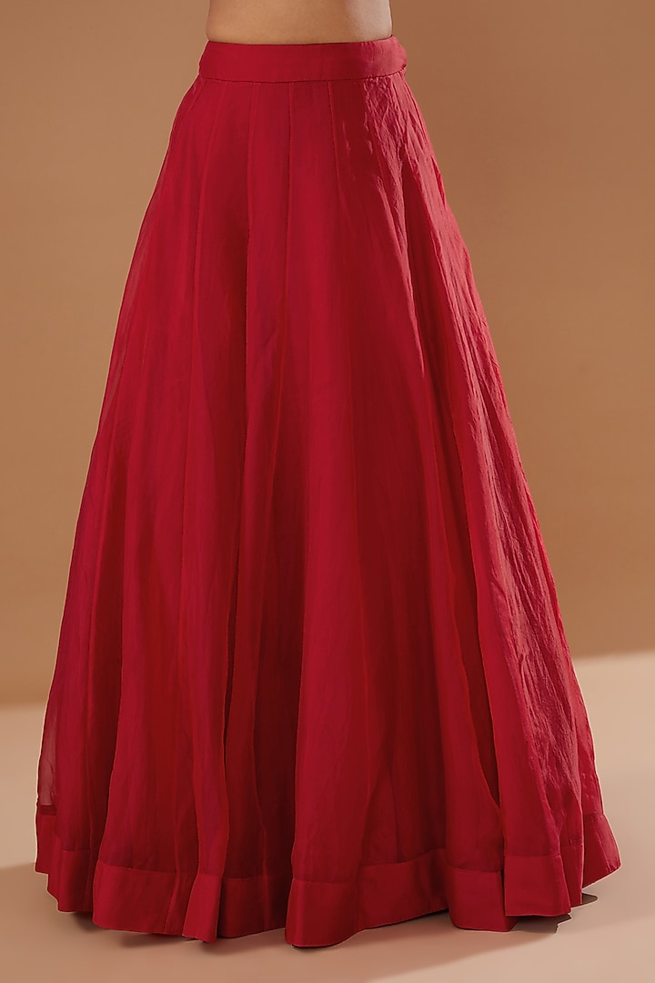 Red Raw Silk Embroidered Jacket Wedding Lehenga Set by Debyani at Pernia's Pop Up Shop