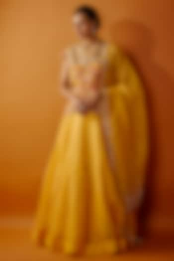 Mustard Raw Silk Jacket Lehenga Set by Debyani at Pernia's Pop Up Shop