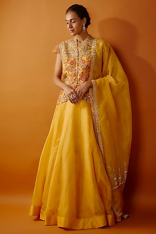 Mustard Raw Silk Jacket Lehenga Set by Debyani