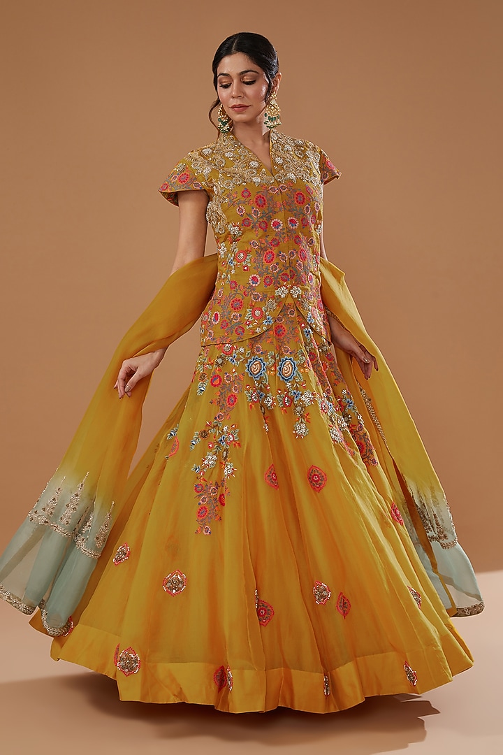 Mustard Raw Silk Embroidered Jacket Wedding Lehenga Set by Debyani at Pernia's Pop Up Shop