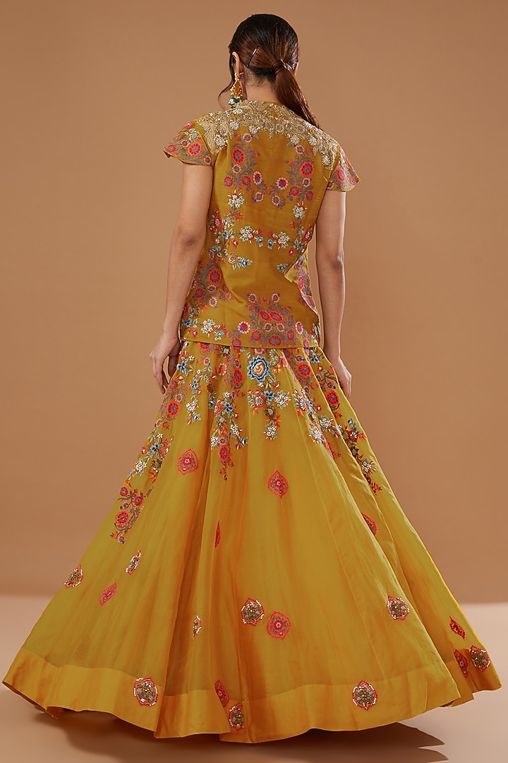 Mustard Raw Silk Embroidered Jacket Wedding Lehenga Set by Debyani at Pernia's Pop Up Shop
