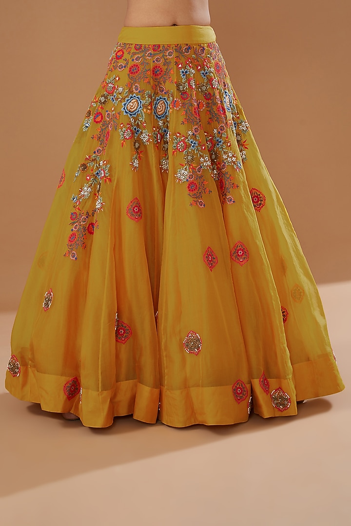 Mustard Raw Silk Embroidered Jacket Wedding Lehenga Set by Debyani at Pernia's Pop Up Shop