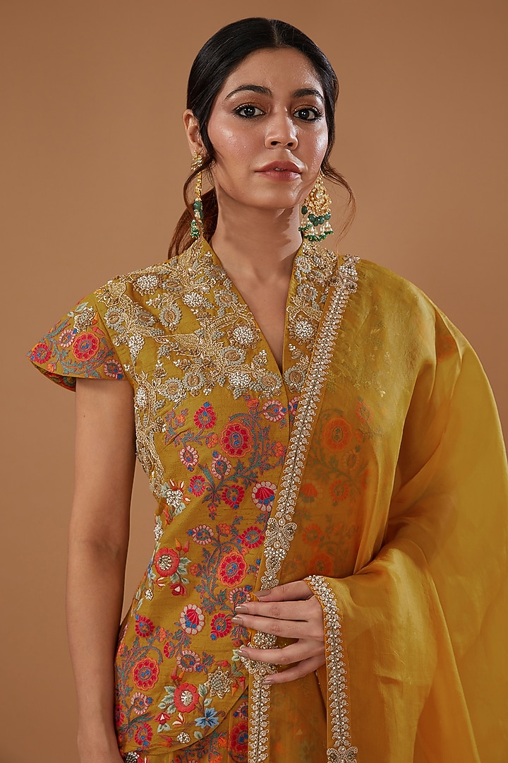 Mustard Raw Silk Embroidered Jacket Wedding Lehenga Set by Debyani at Pernia's Pop Up Shop