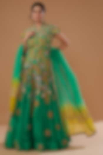 Green Raw Silk Embroidered Jacket Wedding Lehenga Set by Debyani at Pernia's Pop Up Shop