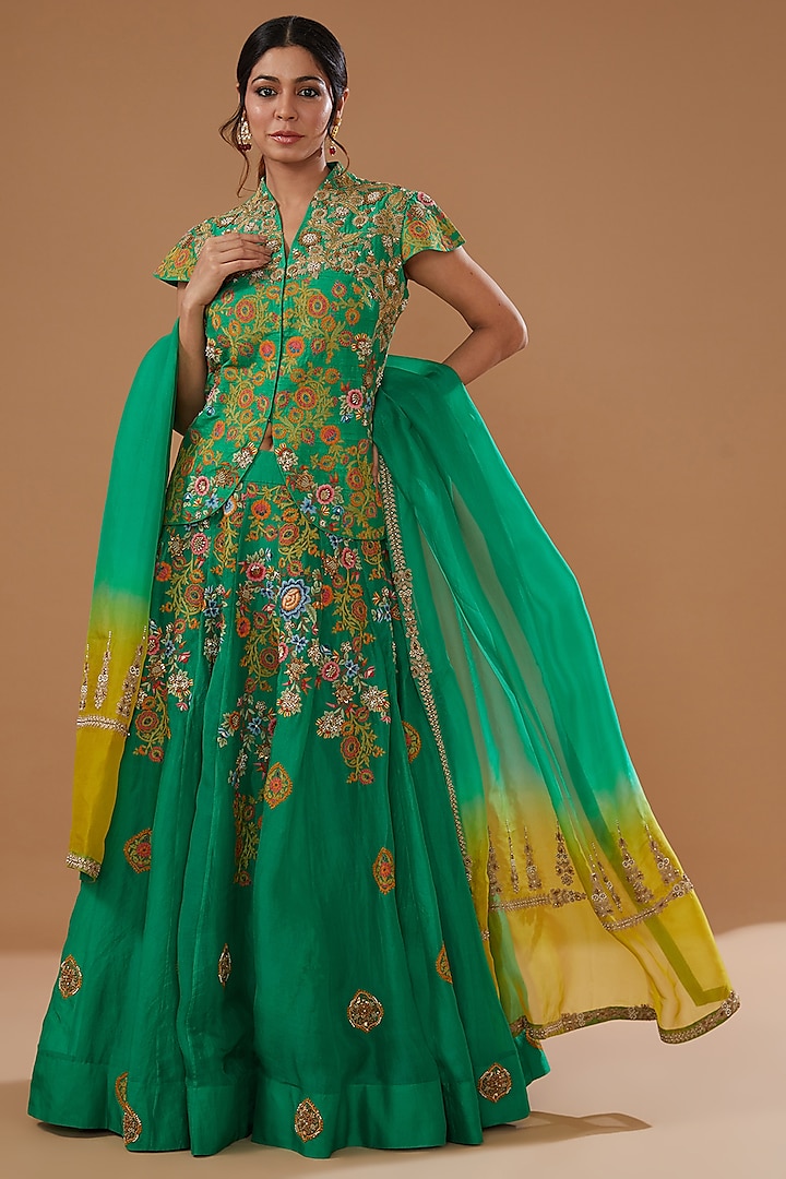 Green Raw Silk Embroidered Jacket Wedding Lehenga Set by Debyani at Pernia's Pop Up Shop