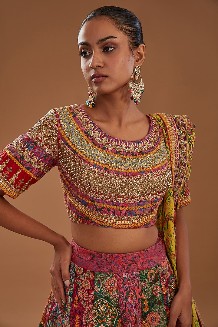 Multi-Colored Chanderi Paisley Embroidered Bridal Lehenga Set by Debyani at Pernia's Pop Up Shop