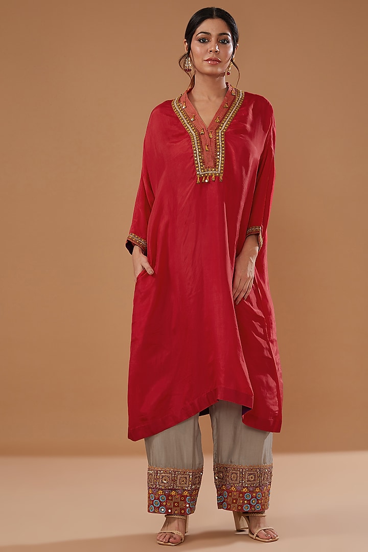 Red Silk Kurta Set by Debyani