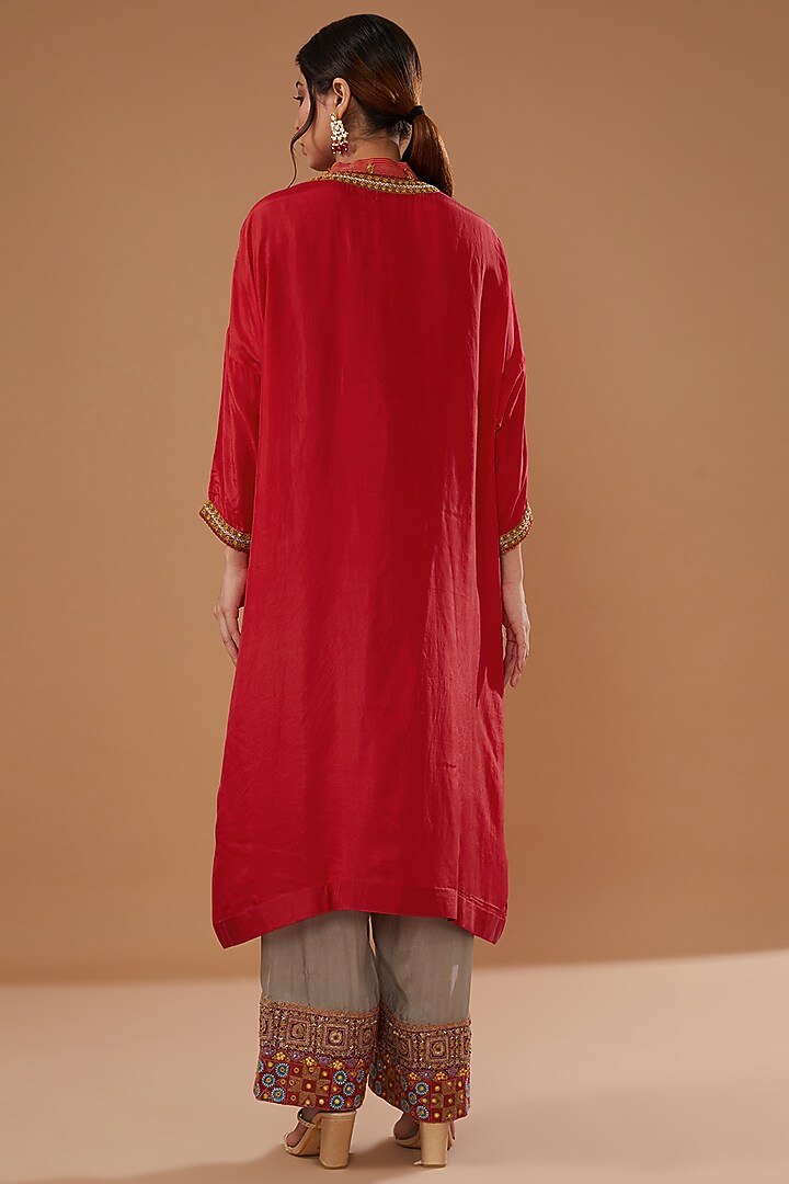 Red Silk Kurta Set by Debyani at Pernia's Pop Up Shop