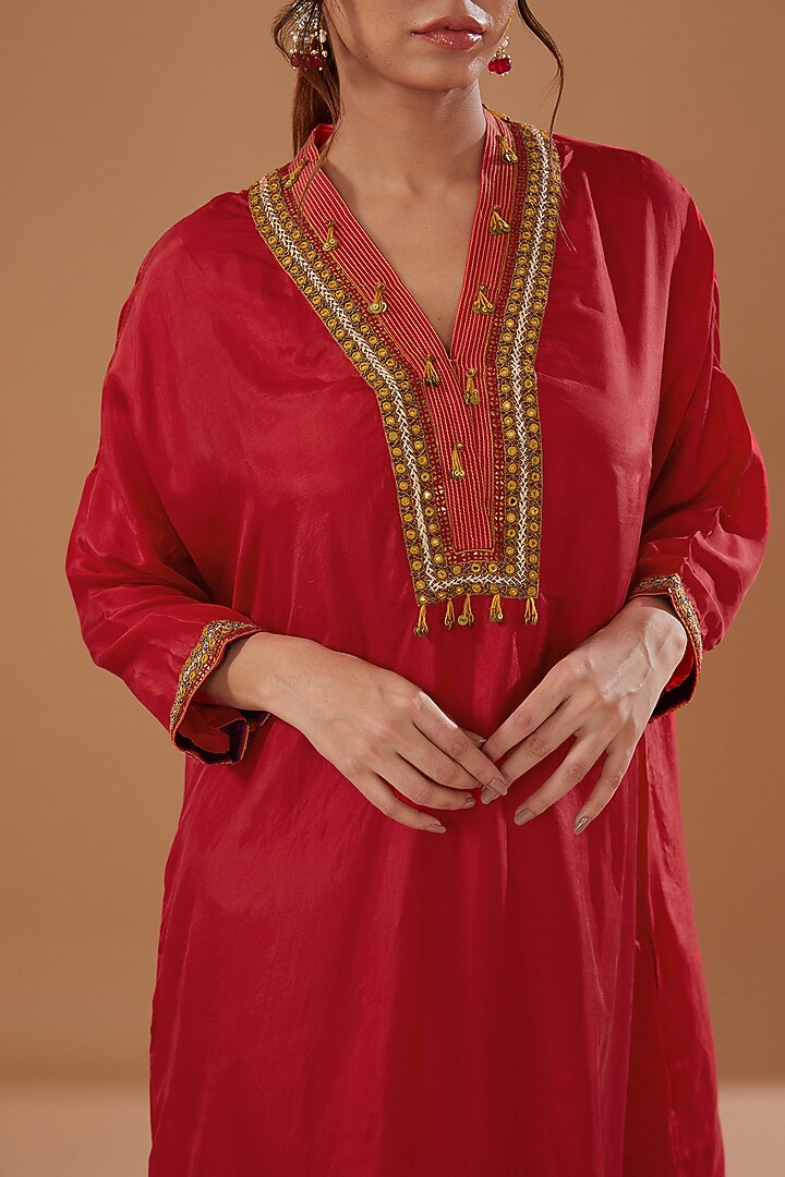 Red Silk Kurta Set by Debyani at Pernia's Pop Up Shop