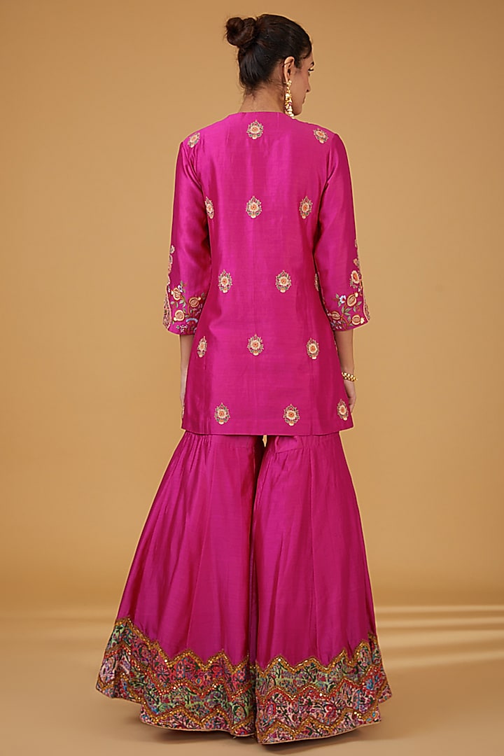 Magenta Chanderi Silk Mirror Embroidered Bridal Sharara Set by Debyani at Pernia's Pop Up Shop